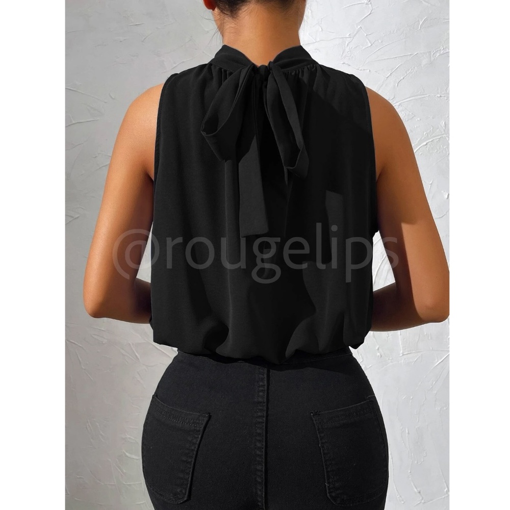 Black Crop Tulip Top High Neck Ties - Picture 3 of 9